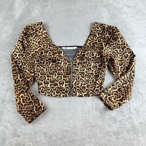 Zara‎ Top Womens Small Brown Black Leopard Print Cropped Zip Up Long Sleeve